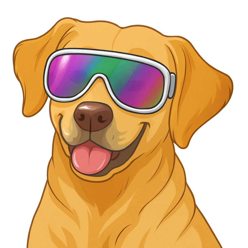 The Labrador Logo. A golden labrador wearing reflective laser goggles